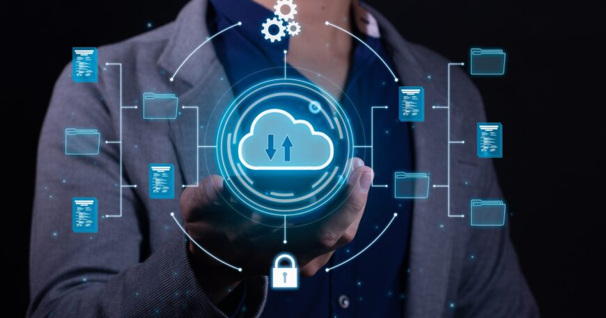 A man employs cloud-based computing on his smartphone to facilitate data transmission and backup.