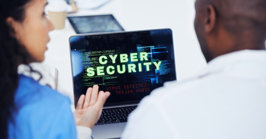 Cyber security, laptop and hospital nurse doctors with tech problem, malware virus or trojan horse.