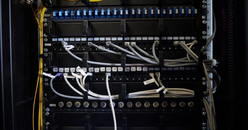 Cables, wires or server room maintenance in engineering, software programming or cybersecurity IT.