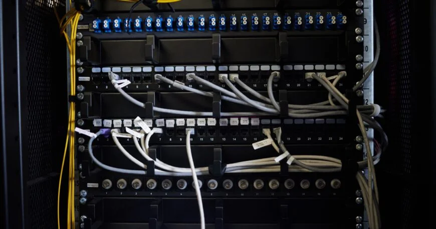 Cables, wires or server room maintenance in engineering, software programming or cybersecurity IT.