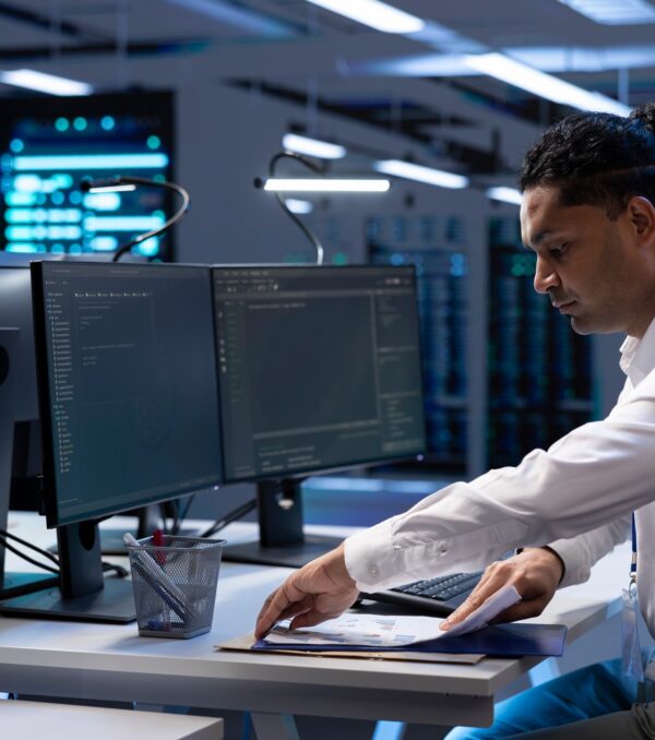 Engineer maintaining accurate documentation of data center infrastructure, Engineer maintaining accurate documentation of data center infrastructure,