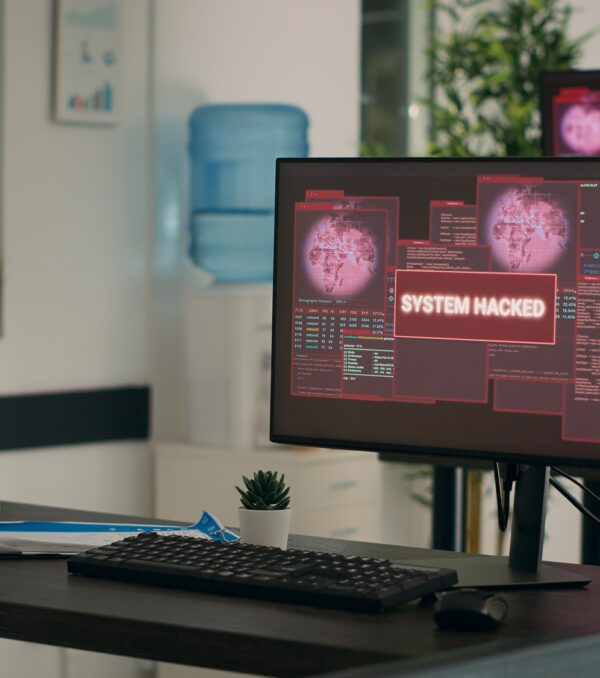 Computers displaying hacking attack alert and security breach